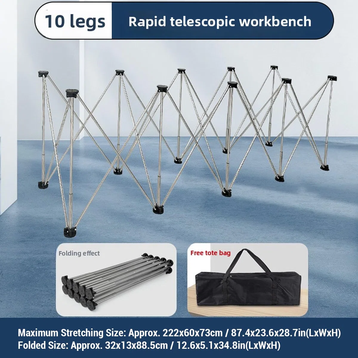 Mesa de Trabajo Plegable de Servicio Pesado Portátil con 10 Patas de Soporte de Acero Capacidad de Carga de 1000 Kg para Construcción y Corte de Carpintería
