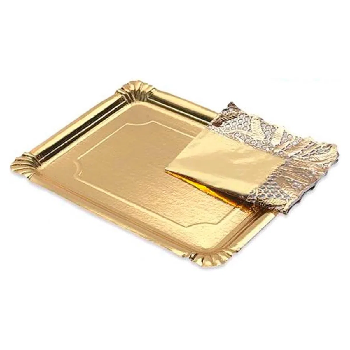 Tradineur - Pack de 12 bandejas y blondas rectangulares - Fabricación de cartón que incluyen blondas caladas 100% reciclables - Apto para uso alimentario - 38 x 31 cm - Color Dorado