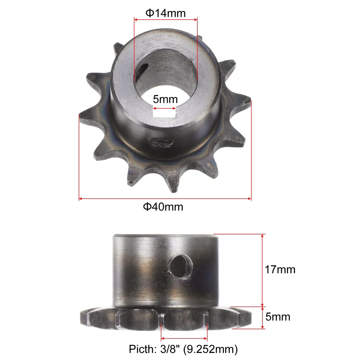 QUARKZMAN 2 Piezas Piñón de Cadena de Rodillo ISO/DIN 06B-1 Tipo B de 14 mm de Diámetro Paso de 3/8" Piñón de Rodillo de una Sola Hilera de Acero A3 Endurecido con 12 Dientes
