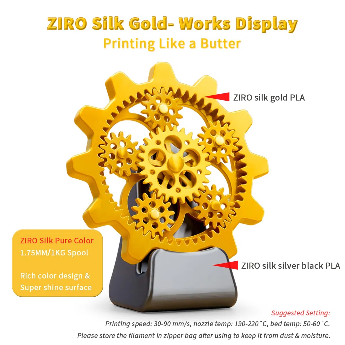 ZIRO Seda Filamento PLA 1.75mm, Filamento Impresora 3D Seda PLA 1.75mm 1kg (2.2 lbs), Precisión Dimensional +/- 0.03mm, Oro