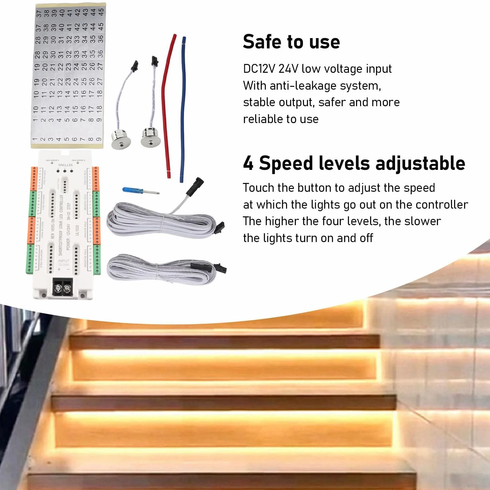 Controlador de Luz de Escalera con Sensor de Movimiento LED, Luces Numéricas Azules Brillantes Automáticas, Velocidad Ajustable, Ideal para el Hogar, Material ABS, Entrada DC12V