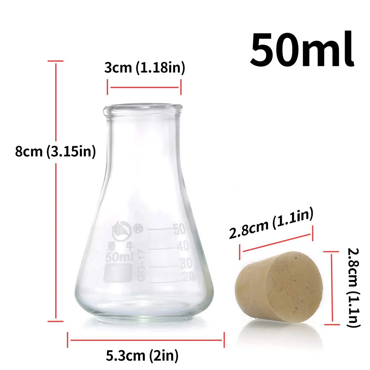 Yizerel Juego de frascos de vidrio Erlenmeyer (250 ml, 150 ml y 50 ml) de vidrio de borosilicato graduado con tapones de goma y escalas precisas para laboratorio, estudios científicos, etc.