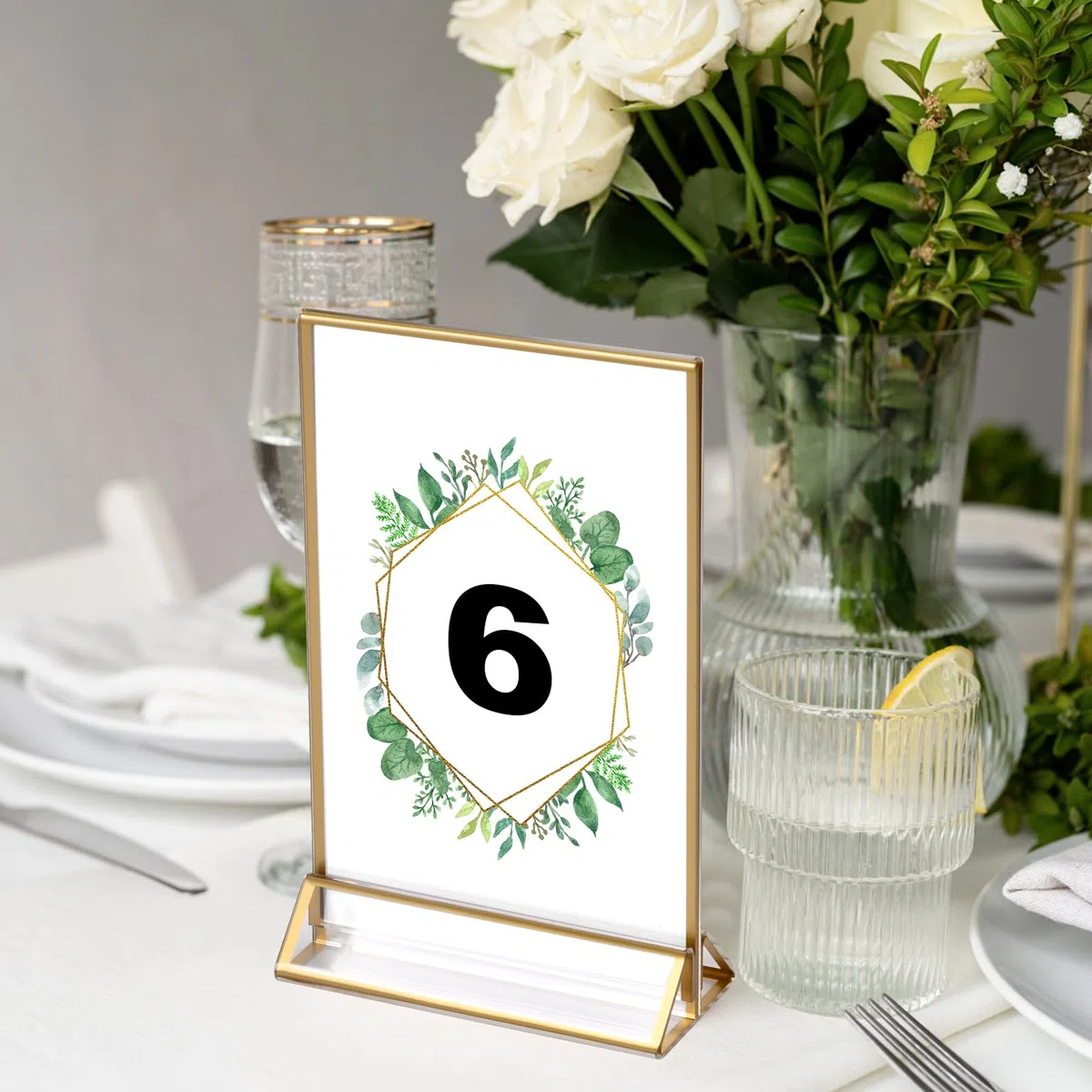 6PCS Soporte de Menú de Acrílico para Carteles con Bordes Dorados, Doble Cara Porta Carteles Acrílico, Soporte de Expositor de Mesa para Restaurante Boda Menú Marcos de Fotos Publicidad Recepción