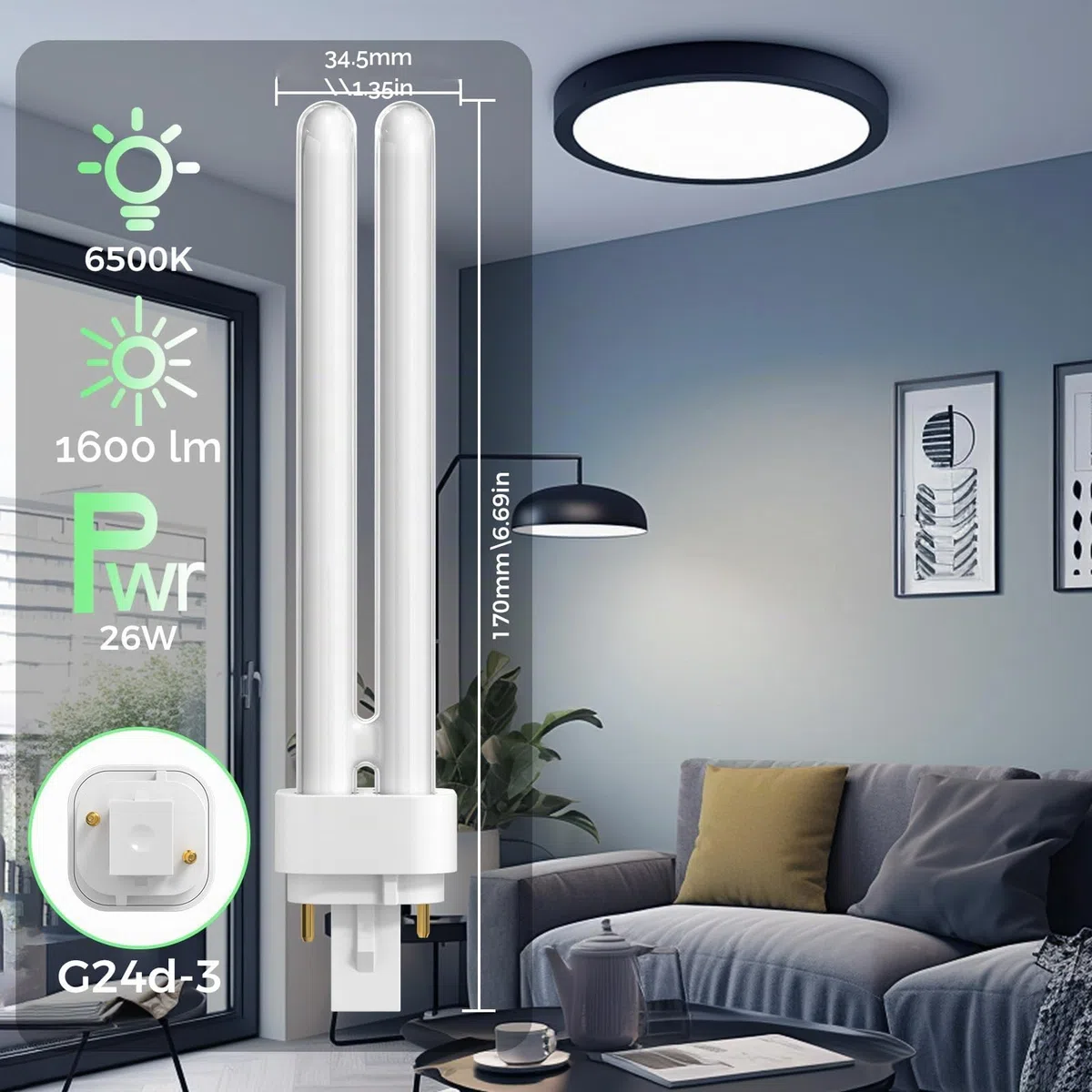 26W G24d-3 Bombillas PLC Tubo, 2 Pines Luz blanca 6500K CFL Lámpara, 1600LM, Fluorescentes de Bajo Consumo, No Regulable, Pack de 5