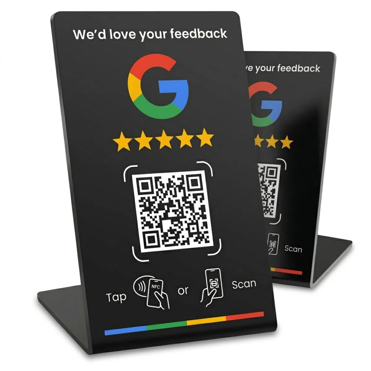 Soporte de Mesa para Reseñas Google con NFC y QR Pack de 2 para Negocios Locales Negro Sin App con Enlace Editable y Diseño Profesional para Caja Mostrador Recepción y Punto de Pago