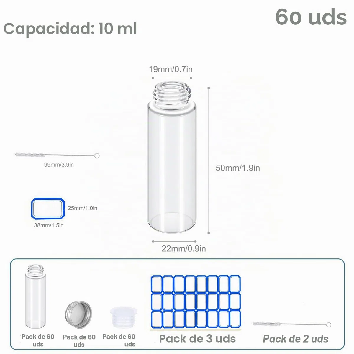 Tubo de Ensayo, ZEEROQOLAB 60 piezas 10ml Frascos de Vidrio Pequeños con Tapa de Aluminio, Frascos Transparentes para Muestras, Incluye Cepillo de Limpieza y Etiquetas Autoadhesivas