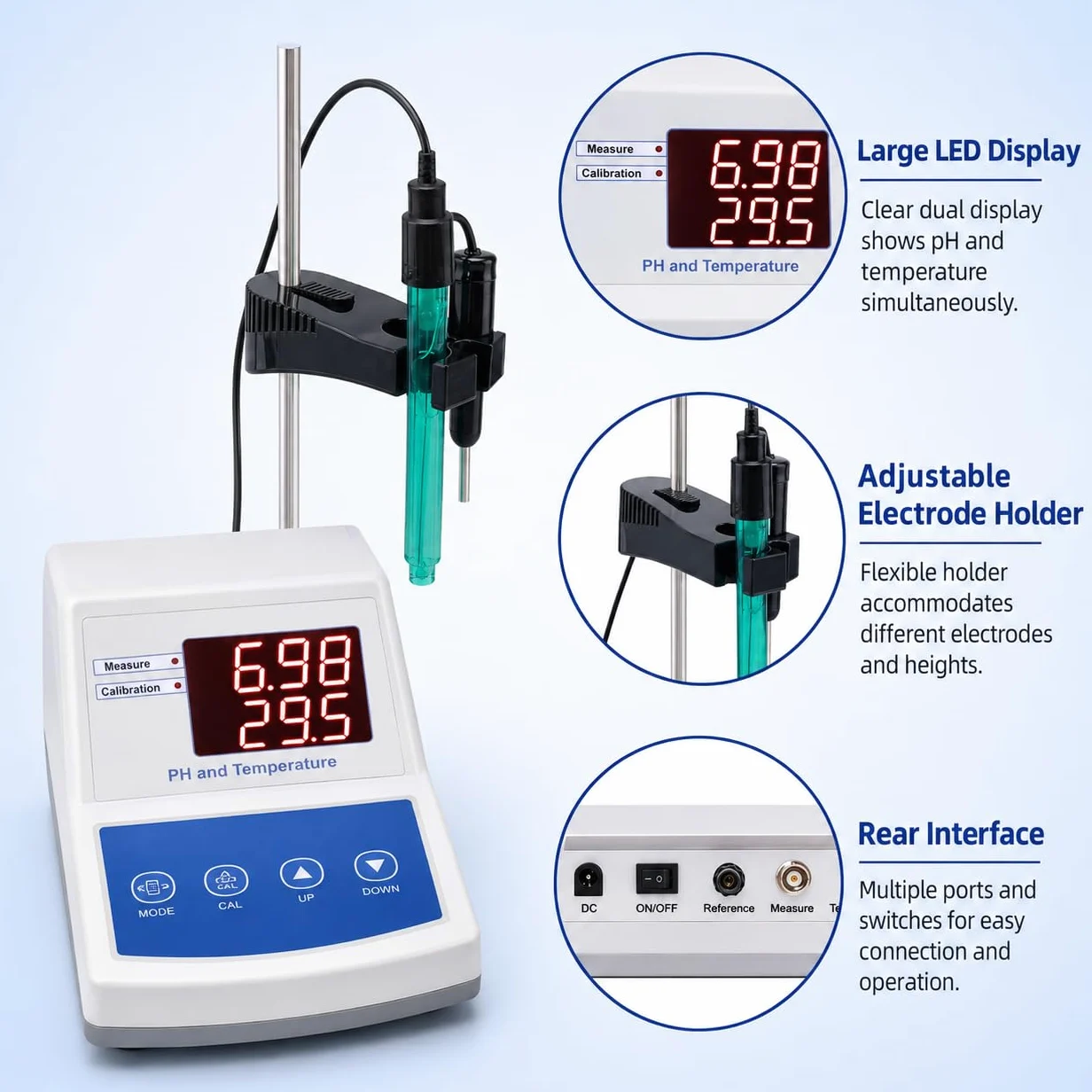 Medidor de pH de laboratorio de sobremesa, medidor digital de pH ± 0,01 con electrodos de pH y temperatura, calibración automática de 2 puntos