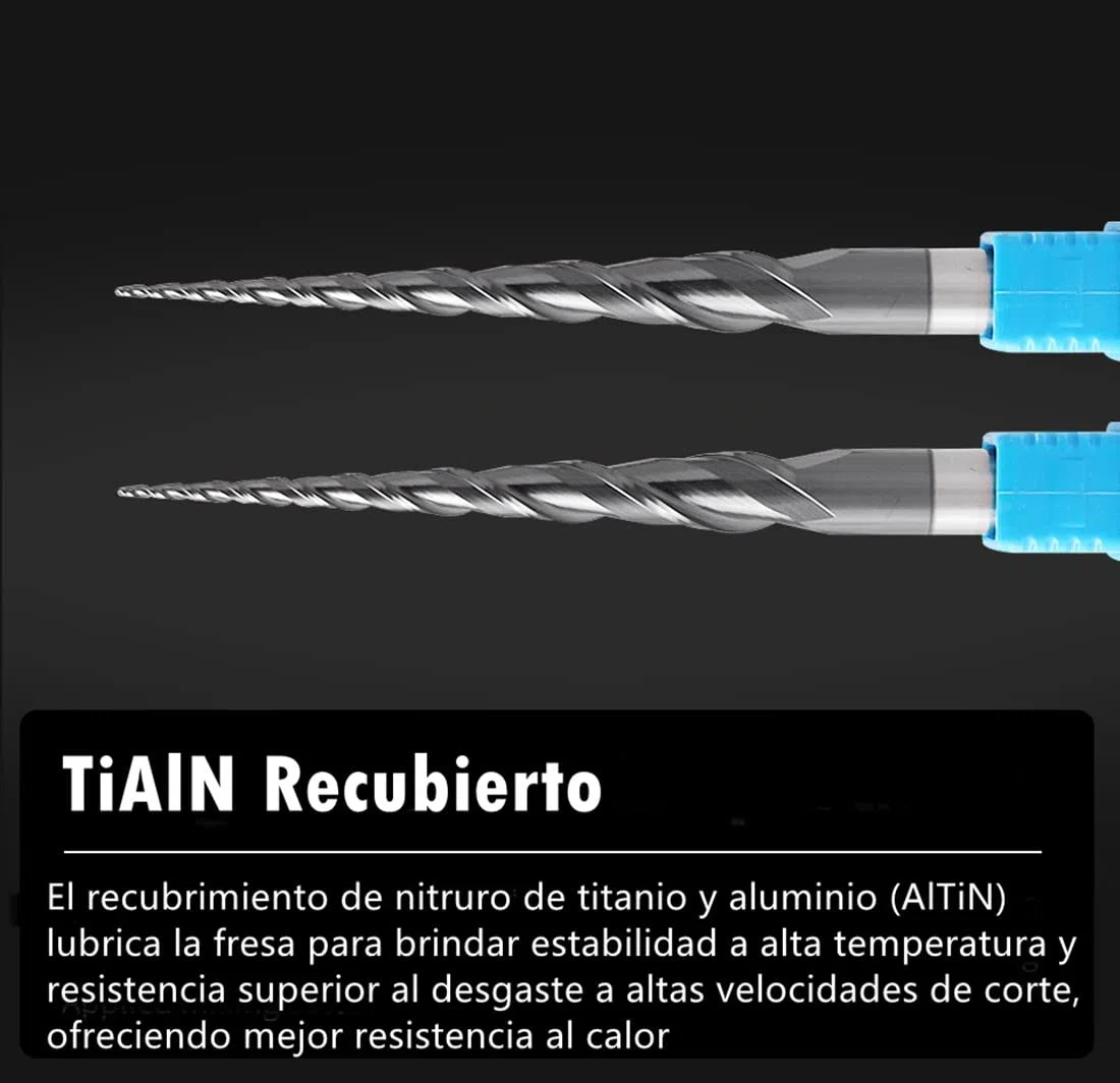 4pcs Fresa Cónica de Carburo Cortador CNC para Aluminio Metal y Madera ,Radio de Bola 0,25-1 mm Recubrimiento de TiAlN