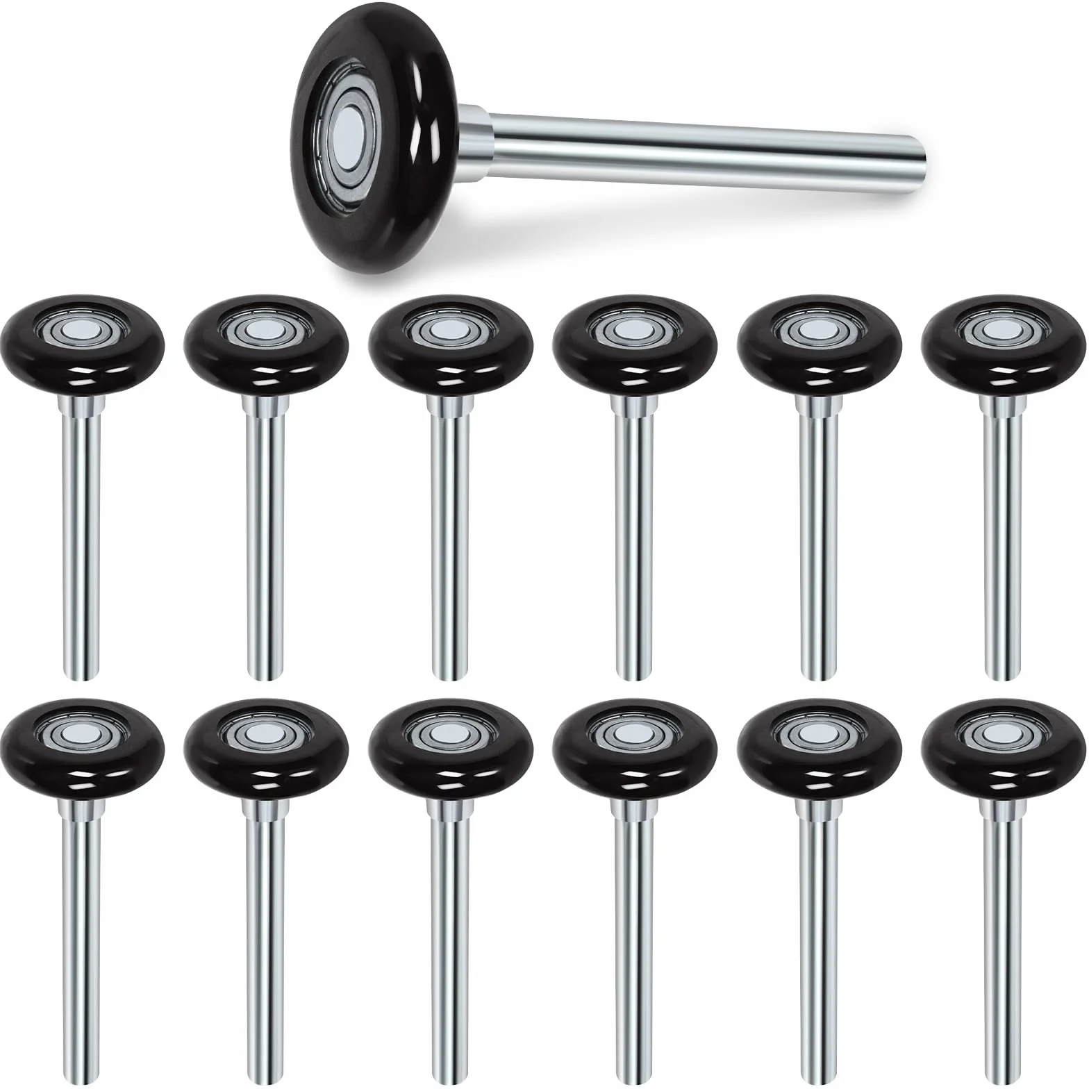 Swpeet 12 piezas de rodillos de puerta de garaje silenciosos negros de 1,8 pulgadas ruedas de puerta de nylon reemplazan los rodillos de garaje, fortalecen el doble soporte y sellan la barra