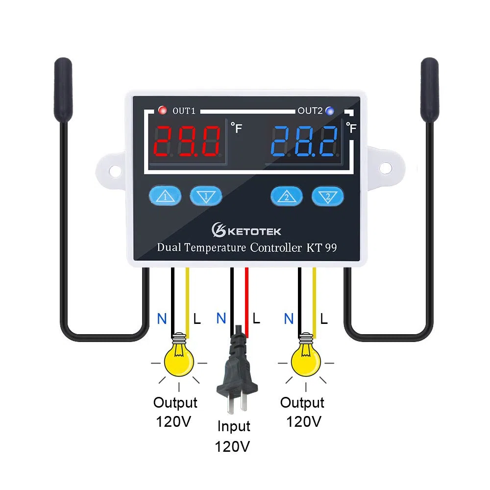 KETOTEK Controlador de temperatura Digital 220V con 2 impermeable Sondas, Termostato Incubadora Frigorifico Horno Control de Calentamiento Enfriamiento