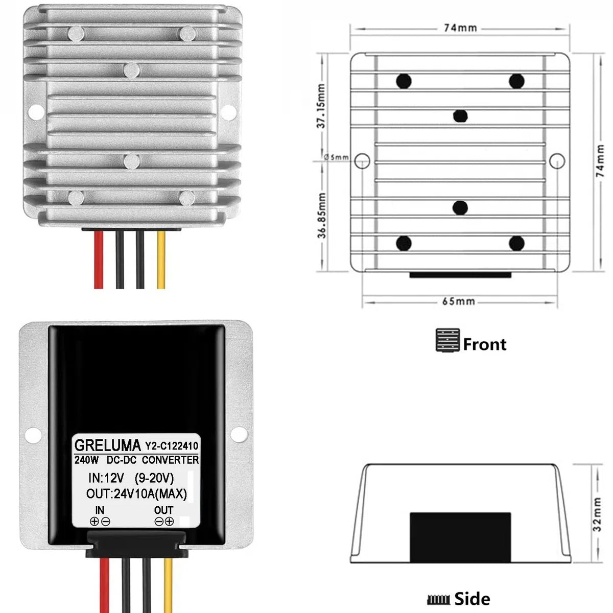 Greluma 1 Pieza Regulador convertidor Elevador DC 12v a 24v 10A 240W Adaptador de Fuente de alimentación para Motor, camión, vehículo, Barco, Sistema Solar, etc. (Acepta entradas DC9-20V)