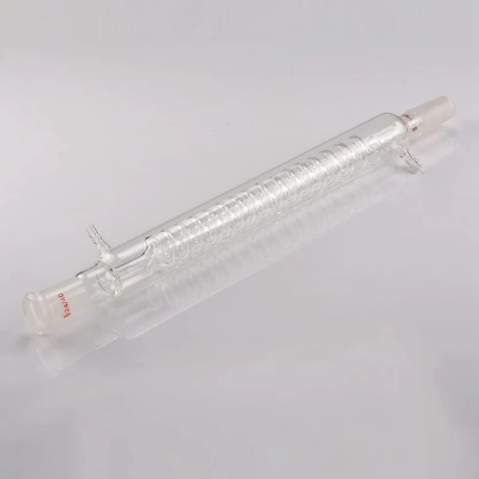 Condensador de vidrio de borosilicato con ajuste 24/40 de 300 mm de longitud de la chaqueta, tubo de condensador serpentino de vidrio de laboratorio, fácil de instalar