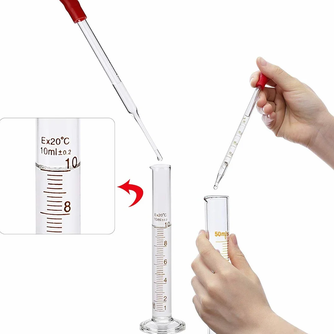 Juego de Matraz Erlenmeyer, JESSTOLO 50ml Matraces, 50ml Vídrio Graduado, 10ml/5ml Cilindros de Medición, con 3 Pipetas de Vidrio, 2 Cepillos de Limpieza y 2 Varillas de Agitación de Vidrio