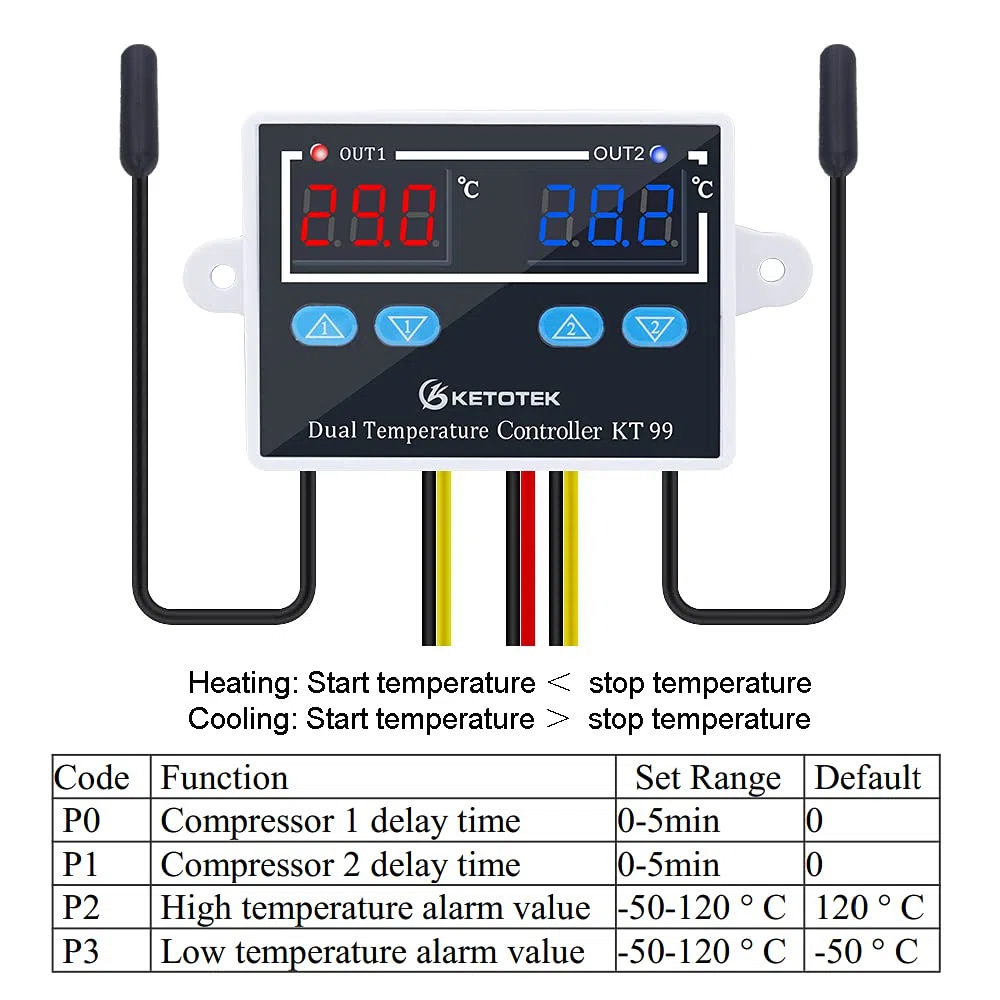 KETOTEK Controlador de temperatura Digital 220V con 2 impermeable Sondas, Termostato Incubadora Frigorifico Horno Control de Calentamiento Enfriamiento