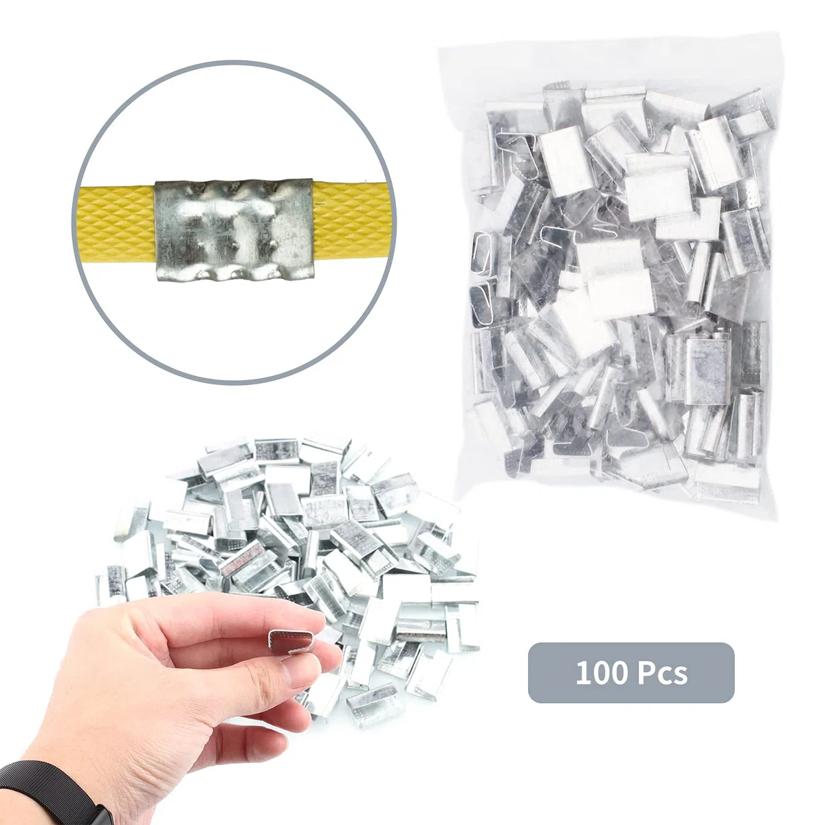 Fleje de embalaje Clips de fleje de hoja de hierro con hebillas de embalaje, correas de embalaje y bridas para cables, kit de herramientas de flejado manual, correas de PP de 100 m