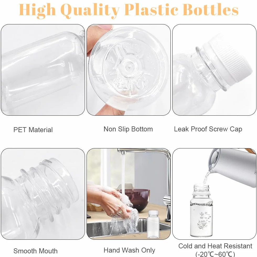15 botellas de jugo con tapas, 100 ml, botellas pequeñas reutilizables de alto sellado, mini botellas de plástico con adhesivo para jugos de frutas, bebidas de agua (negro)