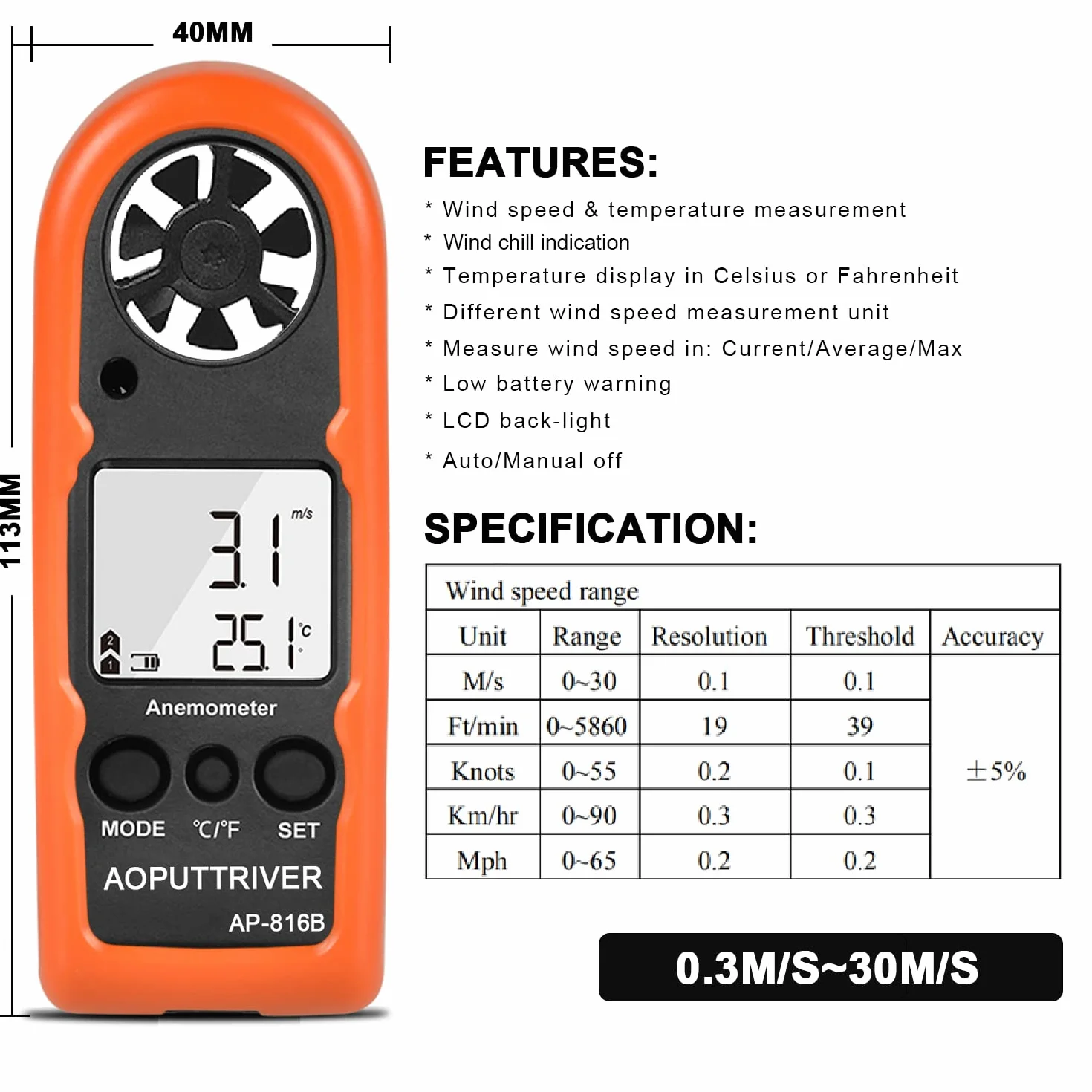 AP-816B - Mini anemómetro con carcasa protectora para medir la velocidad del viento, la temperatura y máxima/media/corriente, ideal para windsurf, vela, pesca y actividades al aire libre