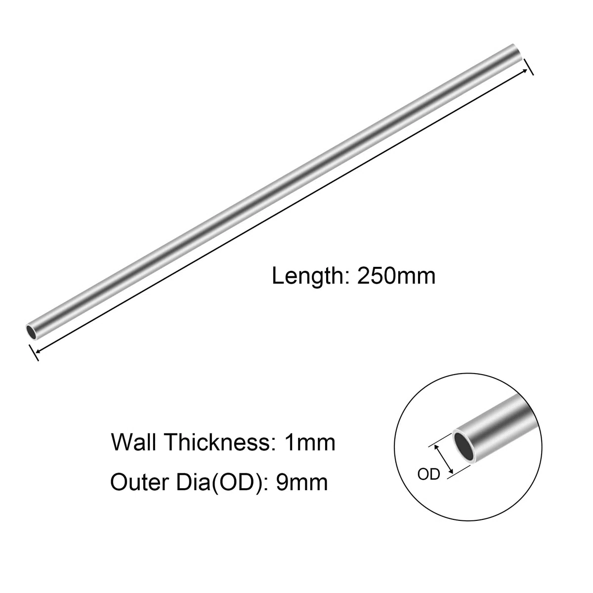 Tubos de acero inoxidable 304, 9 mm de diámetro exterior x 1 mm de grosor, 250 mm de longitud, tubo redondo recto industrial de acero inoxidable sin costuras (3 unidades)