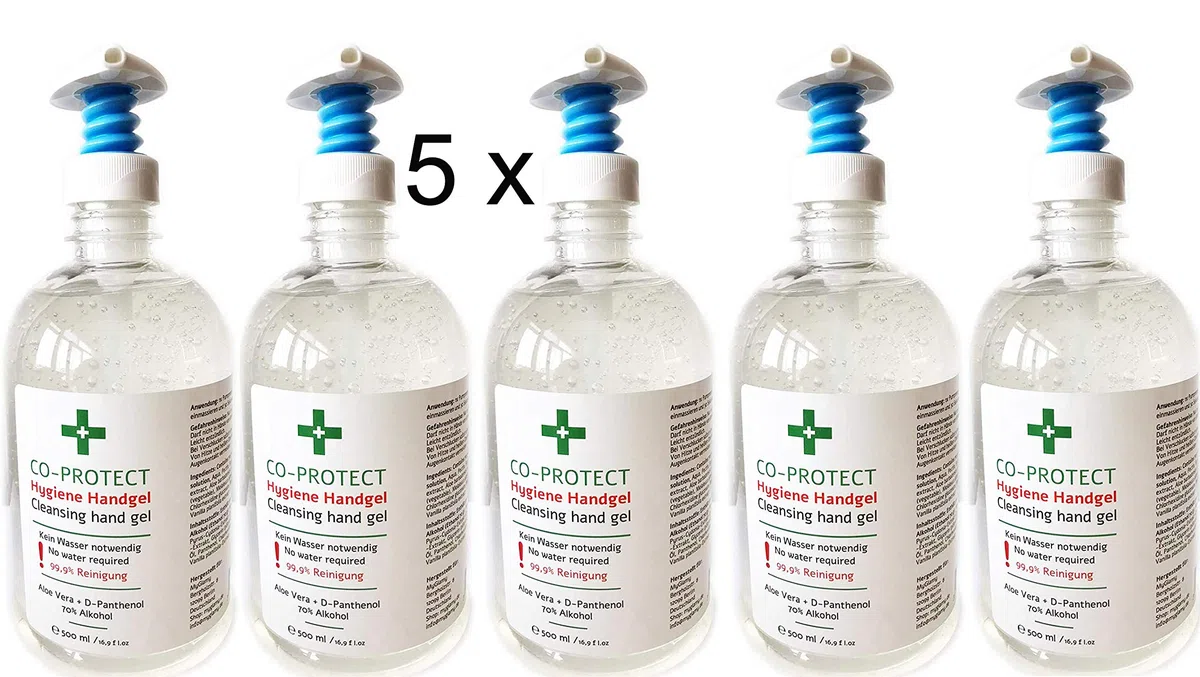 5 botes de 500 ml de gel de manos de CO-Protect, con aloe vera + glicerina + 70% alcohol (etanol) + hermoso aroma.