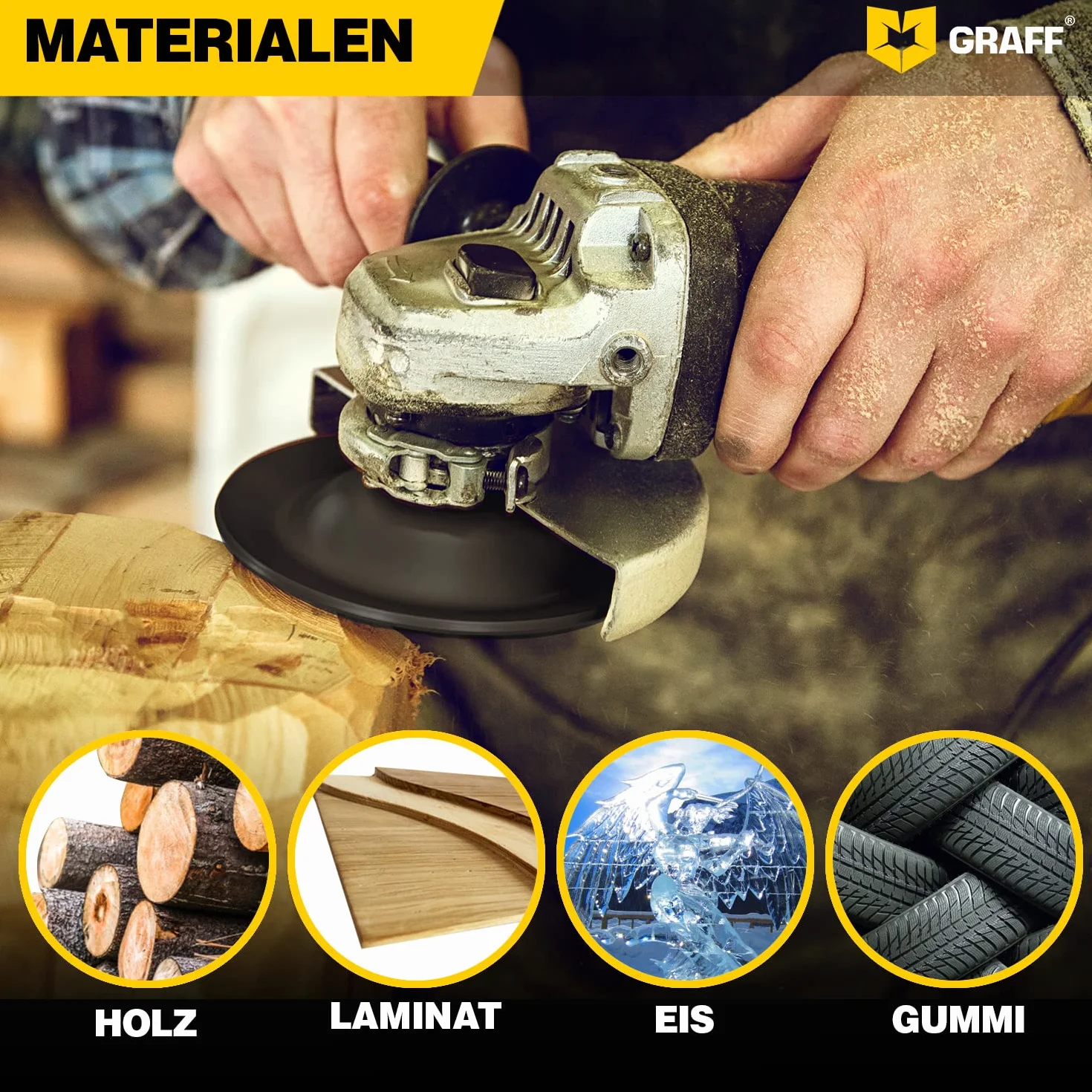 GRAFF Muela Amoladora 115 mm - Disco Madera Amoladora para Tallar y Moler Madera, Madera Blanda, Madera Dura - Disco Desbaste Madera de Carburo de Tungsteno para Amoladoras Angulares