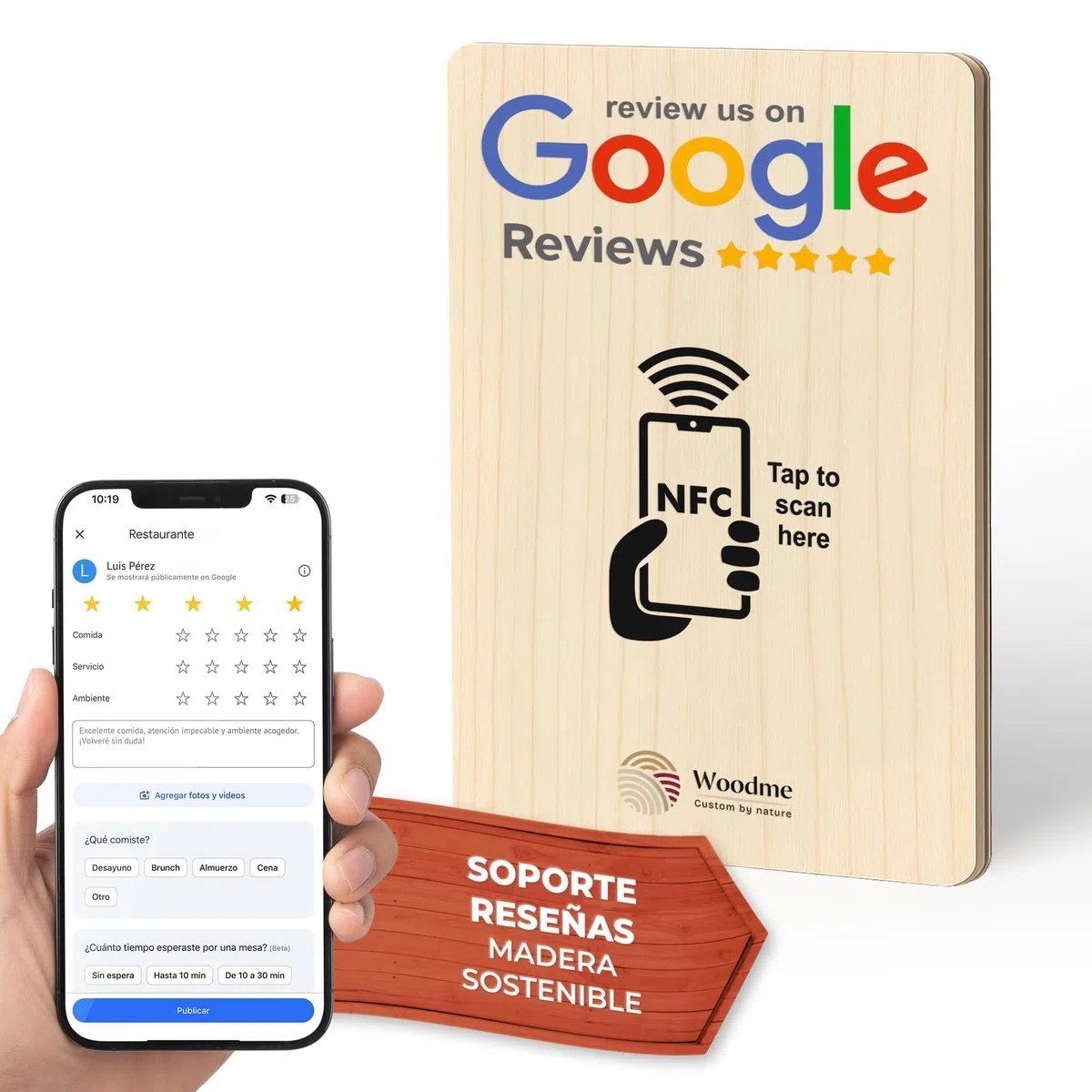Soporte Reseñas Google NFC - Expositor Stand Reviews - Cartel NFC Opiniones - Compatible con Android & iPhone - Configuración Fácil con Web App - Sin Suscripciones (Google)