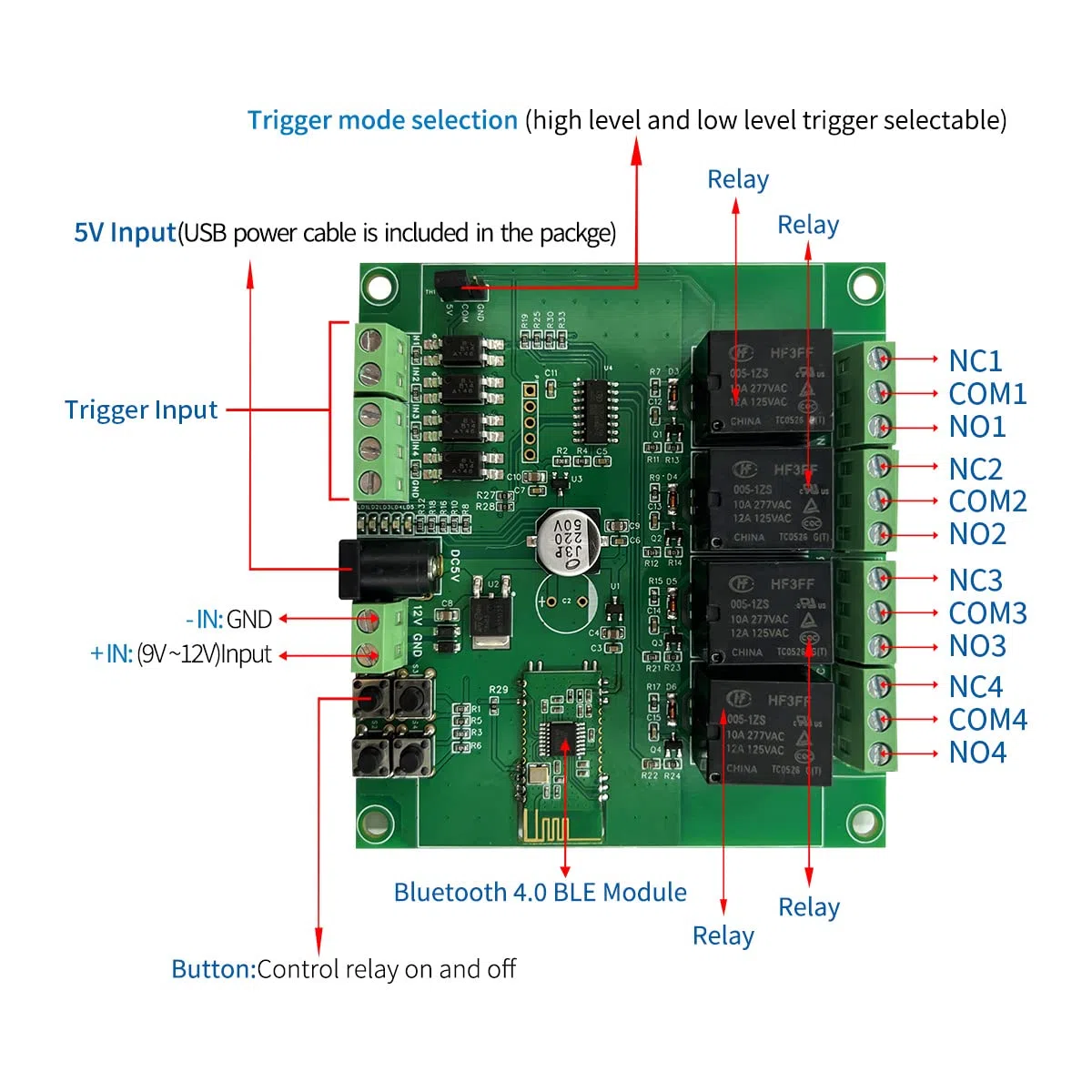 DSD TECH Módulo de relé Bluetooth de 4 canales, mando a distancia, interruptor compatible con iPhone Android 4.3 (12 V)