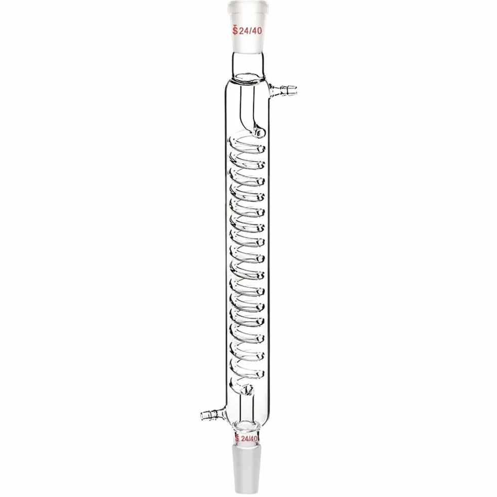 Condensador de vidrio de borosilicato con ajuste 24/40 de 300 mm de longitud de la chaqueta, tubo de condensador serpentino de vidrio de laboratorio, fácil de instalar