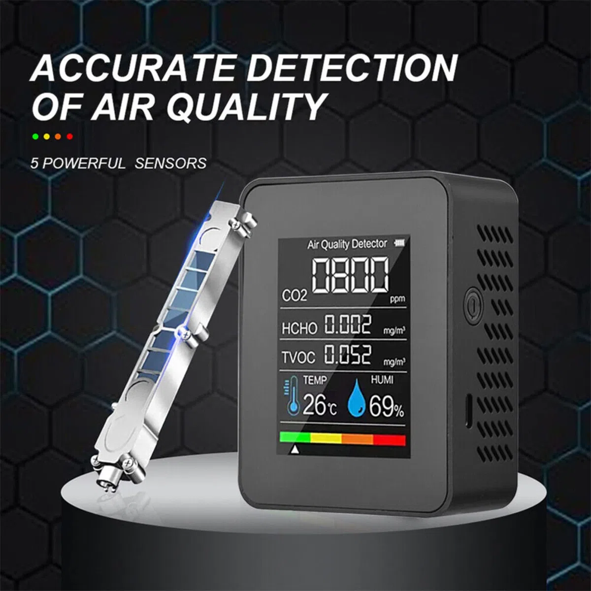 RANRAO Monitor de calidad de aire interior 5 en 1 para monitor de HCHO TVOC AQI medidor probador