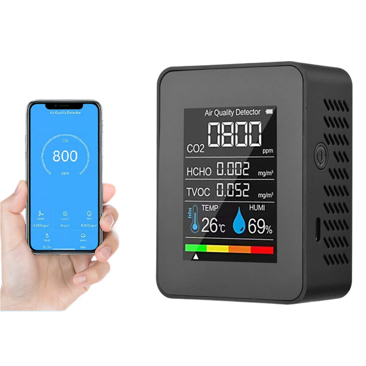 RANRAO Monitor de calidad de aire interior 5 en 1 para monitor de HCHO TVOC AQI medidor probador