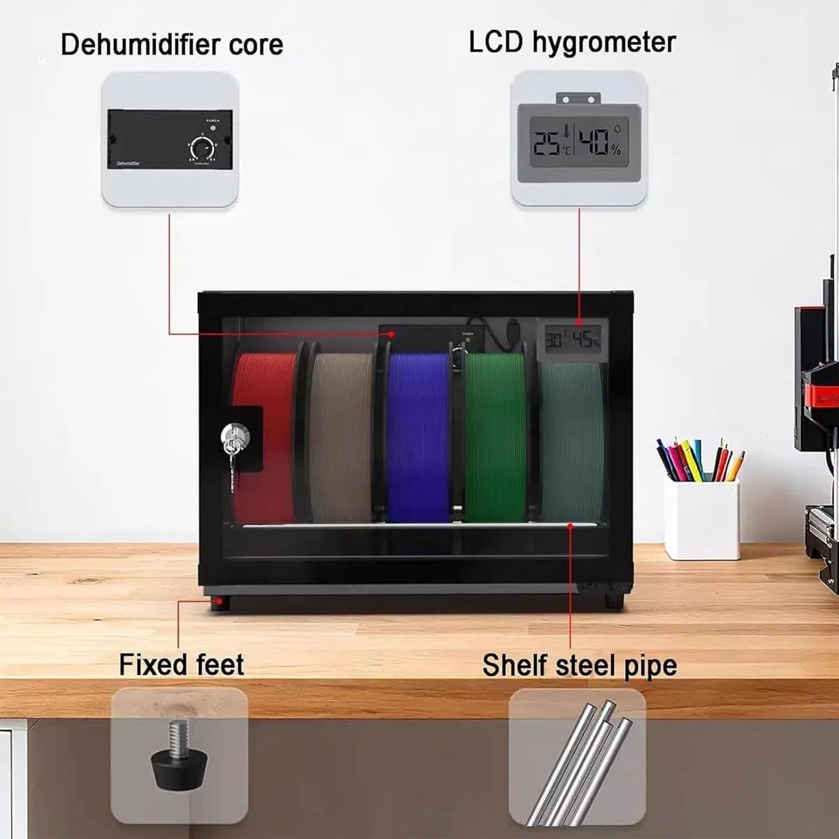 Caja de almacenamiento deshumidificador de filamento para impresora 3D con control de humedad ajustable, sostiene múltiples rollos, incluye bloqueo de seguridad para la conservación del material
