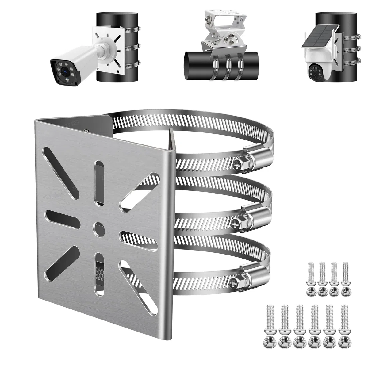 Universal Montaje Vertical en Poste Soporte para cámara de seguridad, 3 hebillas de acero inoxidable Soporte de ángulo de montaje, soporte de mástil adecuado para cámaras videovigilancia