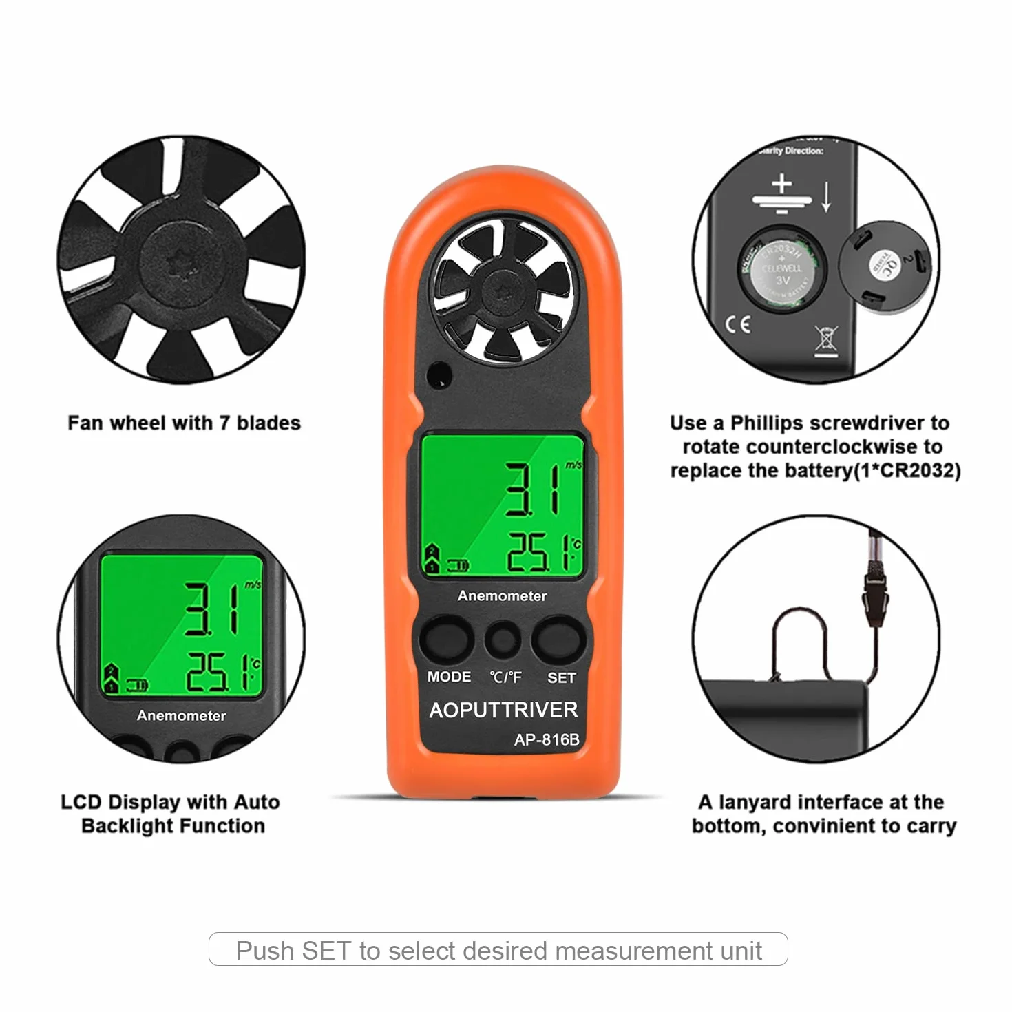 AP-816B - Mini anemómetro con carcasa protectora para medir la velocidad del viento, la temperatura y máxima/media/corriente, ideal para windsurf, vela, pesca y actividades al aire libre