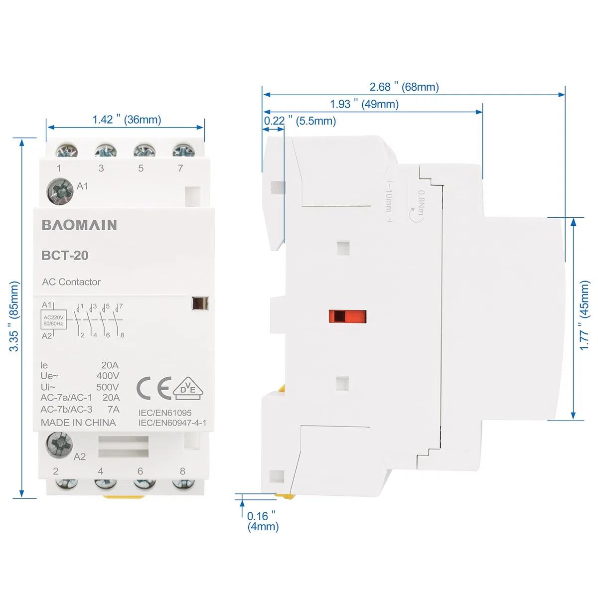 BAOMAIN Contactor AC 20A 4 Polos Normalmente Abiertos (4NA), Bobina 220V/240V, Contactor Modular para Carril DIN 35mm, Homologado VDE para Control de Iluminación y Motores,BCT-20