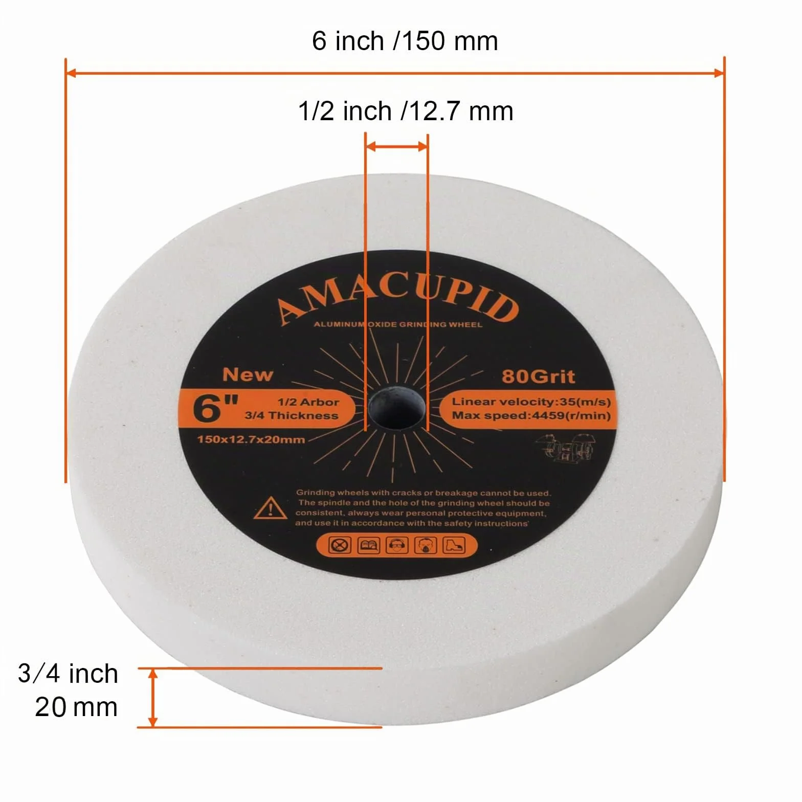 Muela de banco. Abrasivo de óxido de aluminio. Para rectificar acero templado, acero con alto contenido de carbono, etc. Diámetro de 150 mm, diámetro interior del mandril de 12,7 mm