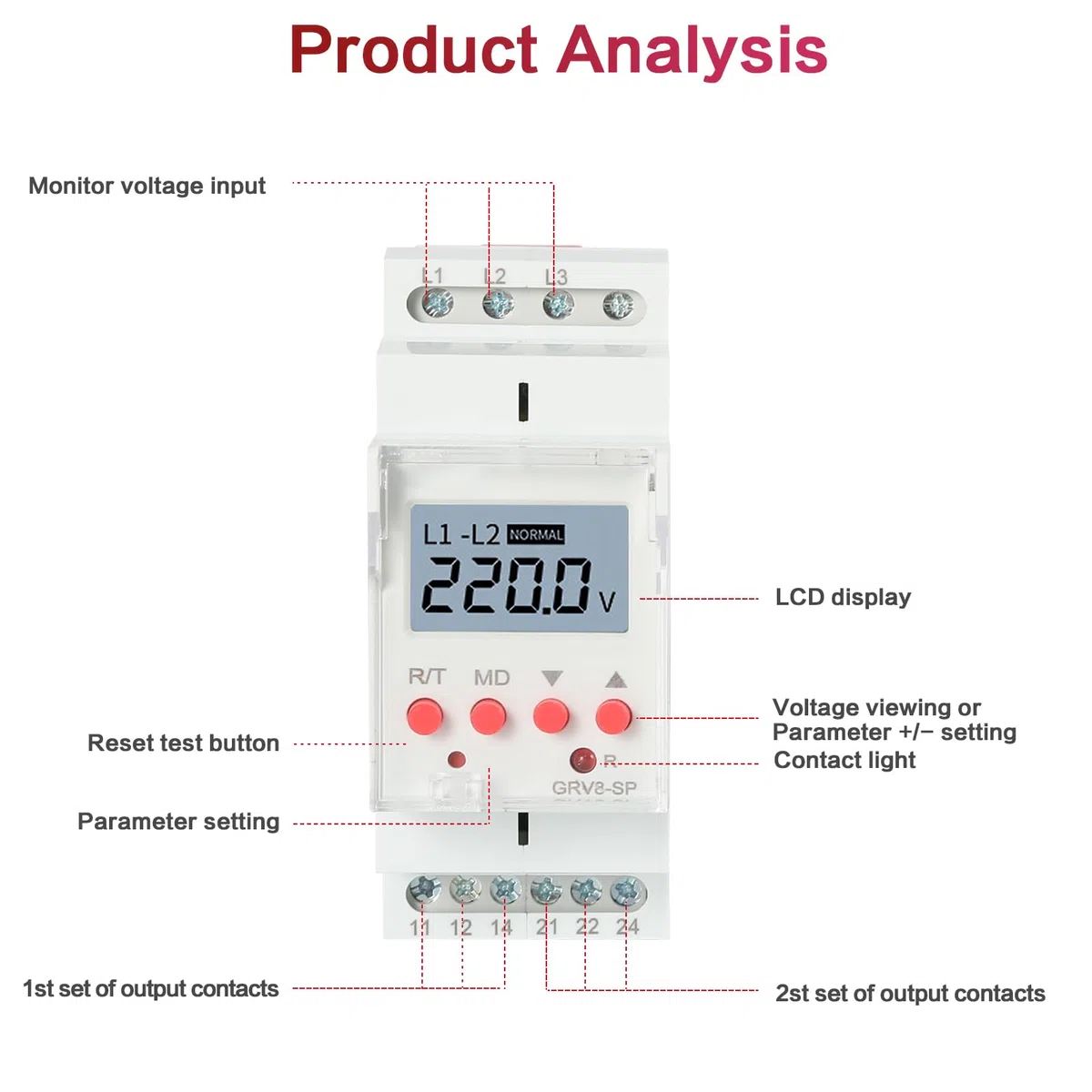 Jadeshay Relé de Voltaje de visualización trifásico GRV8-SN Relé de monitoreo de Voltaje Protector de Secuencia de Fase de sobrevoltaje y bajo Voltaje (Size : 3-Phase 3-Wire)
