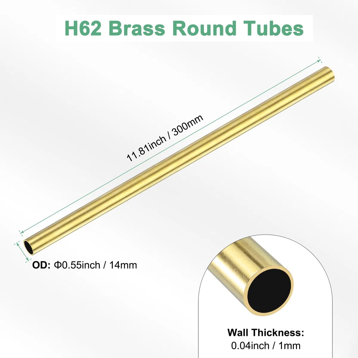 M METERXITY 1-Pack 300mm Tubo Redondo de Latón, 14mm DE 1mm Espesor de Pared Tubo sin Costura H62 para Construcción/Maquinaria/Manualidades DIY, Tubo Metálico Recto [0.55x0.04x11.81IN]