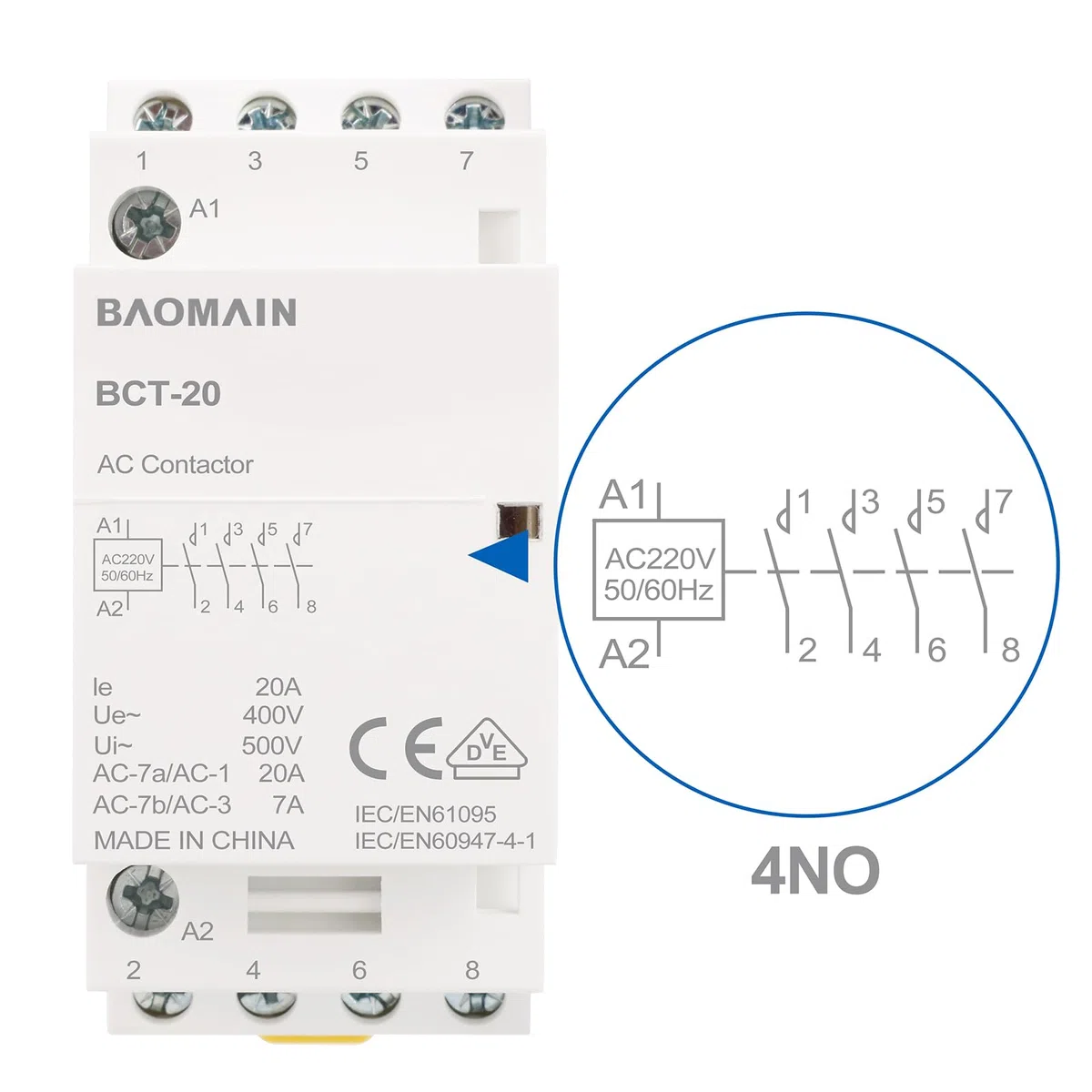 BAOMAIN Contactor AC 20A 4 Polos Normalmente Abiertos (4NA), Bobina 220V/240V, Contactor Modular para Carril DIN 35mm, Homologado VDE para Control de Iluminación y Motores,BCT-20