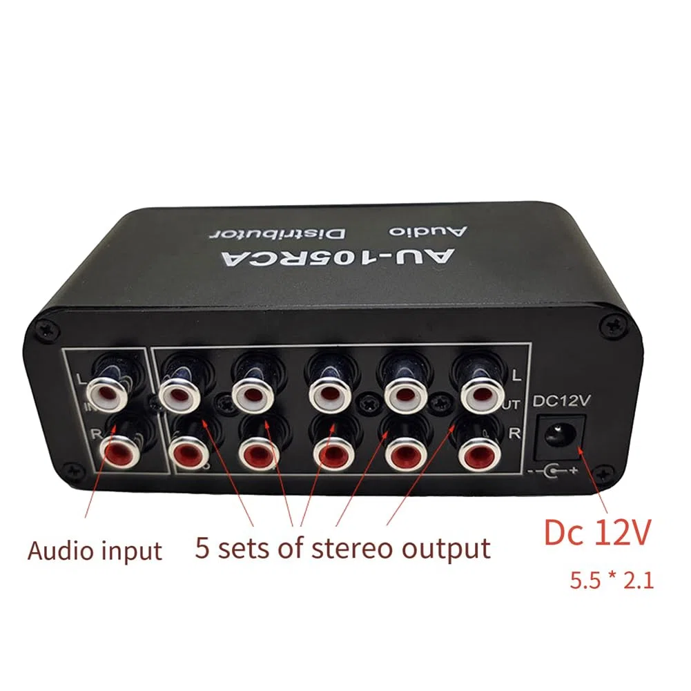 Distribuidor de audio de 5 canales, mezclador de audio estéreo, divisor de 1 entrada y 5 salidas para amplificador de potencia, audio activo, duradero, fácil de instalar