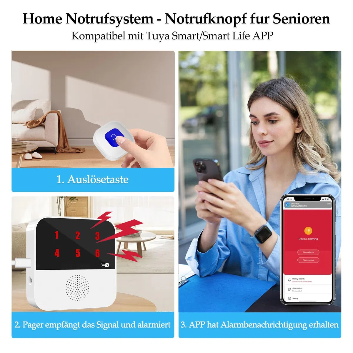 Avisador Personas Mayores, Boton Emergencia Ancianos - Incluye 1 Receptor + 1 Botón de Muñeca + Botón para Emergencias, Ideal para Enfermos, Adultos Mayores, Personas con Discapacidad y Niños