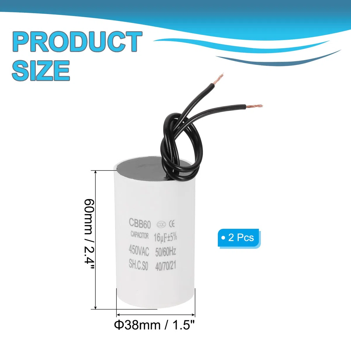 PATIKIL CBB60 16uF Condensador de Arranque, 2Pcs Condensador de Funcionamiento con 2 Cables, AC 450V con Frecuencia de 50Hz/60Hz, para Compresores de Aire y Bombas, Blanco