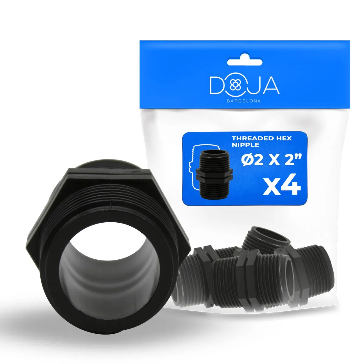 DOJA Barcelona Pezón Igual con Racor Roscado Doble Macho - Pack 4-2"x2" - Conector Estanco en Plástico - Adaptador Roscado Plástico, Fácil Montaje, Versátil: Piscina, Riego y Fontanería