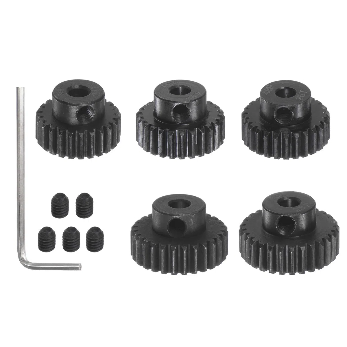 sourcing map Piñón Endurecido 48P, Engranajes de Motor Kit 5Pzs 24T 25T 26T 27T 28T para Eje de Motor RC de 1/8 Pulgadas, Engranajes de 48 Pasos para Coche RC, con Llave Hexagonal