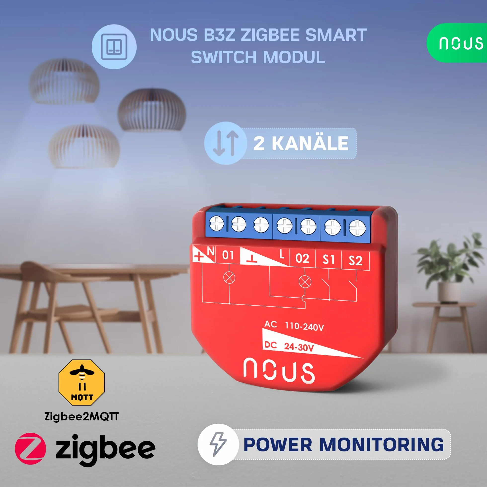 ZigBee Dual Smart Relay Module con monitoreo de energía, 2 canales independientes, CA 16 A/DC 10 A, compatible con Alexa, Zigbee2MQTT, Home Assistant, Tuya y Google Home, requiere concentrador ZigBee