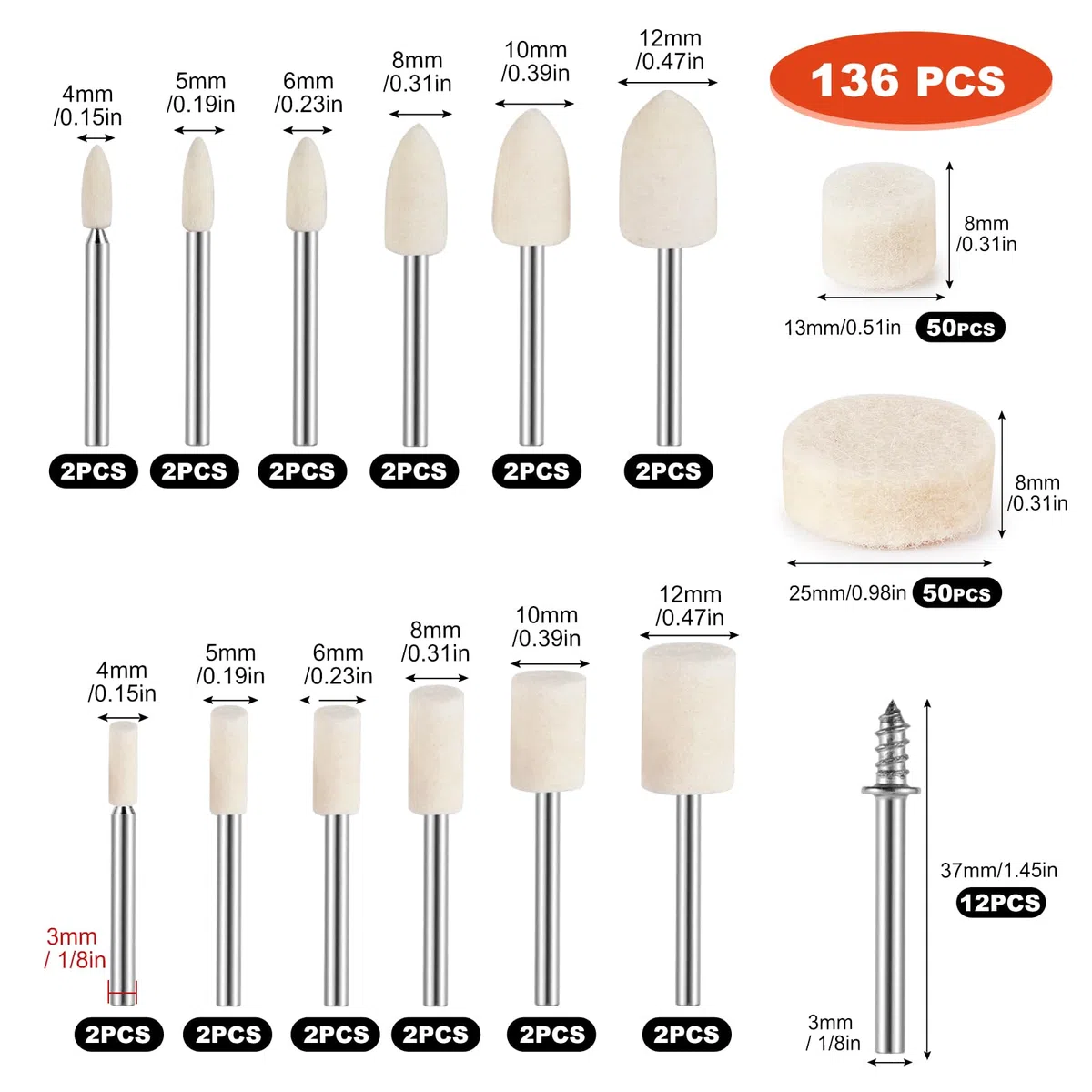 176 Piezas Ruedas de Pulir de Lana Set, Multifuncional Ruedas de Pulir de Lana, Disco de Fieltro con 1/8" Vástago, Disco de Fieltro para Joyas, Metales, Vidrio, Relojes