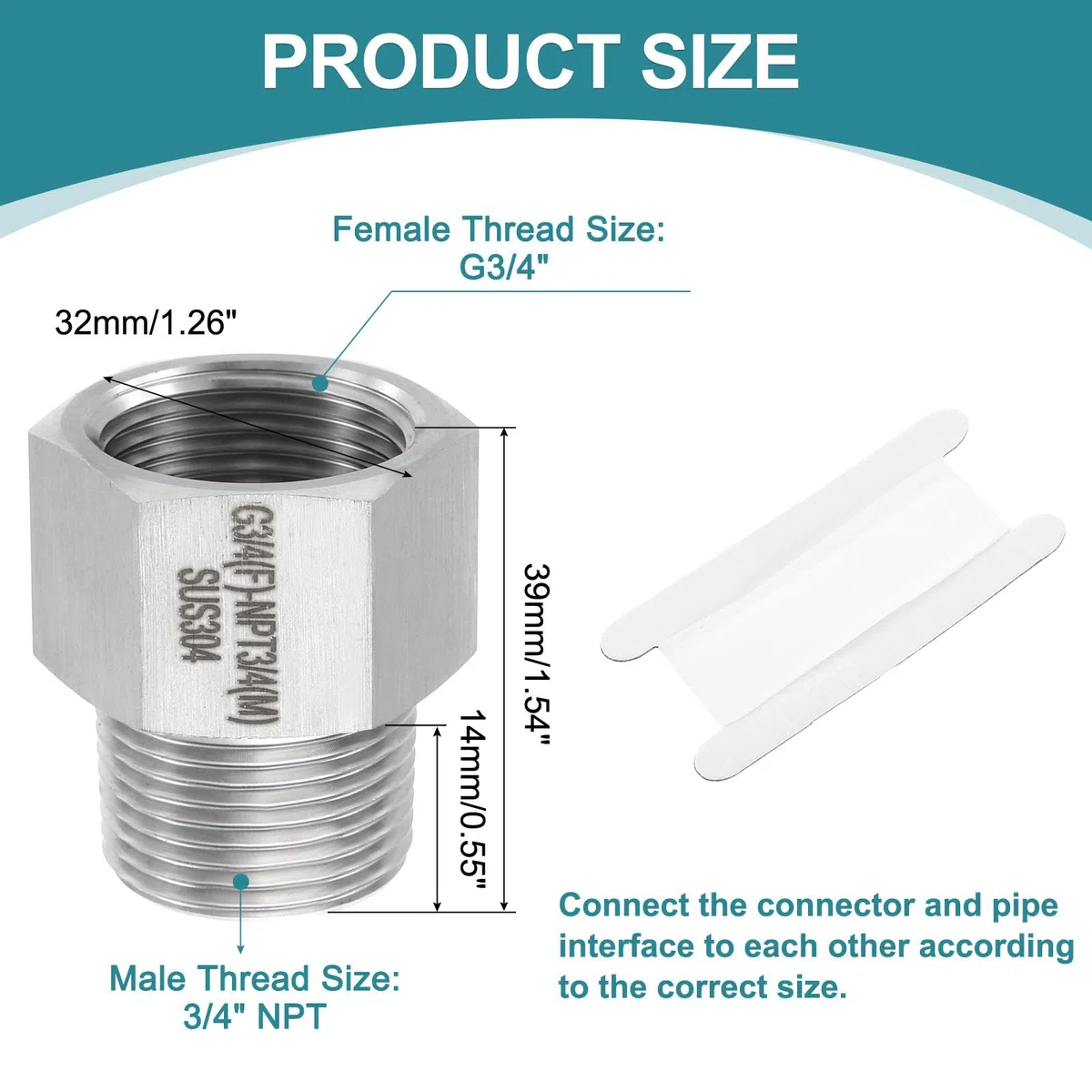 sourcing map Adaptador reductor de montaje de tubería, NPT macho de 3/4 pulgadas x G3/4 pulgadas hembra 304 conectores reductores de acero inoxidable para medidor de presión de agua, aceite, aire