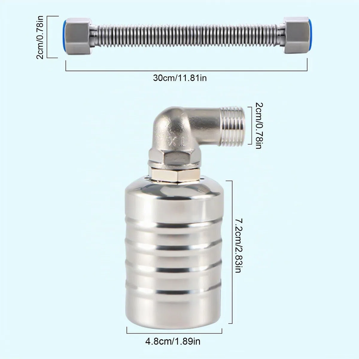Válvula flotante de control de nivel de agua totalmente automática de acero inoxidable 304, controlador automático de nivel de agua para tanque de agua, (4 puntos de agua lateral + fuelle de 30 cm)