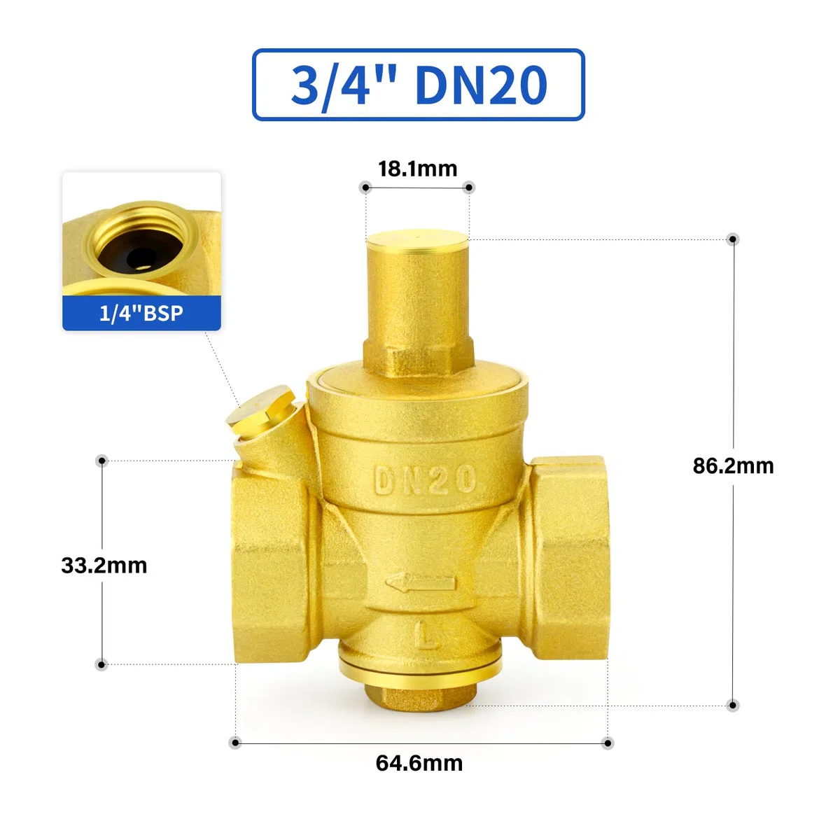 Válvula reguladora de presión de agua de latón, válvula reductora de presión ajustable de 3/4" BSP para autocaravanas, calentadores de agua y sistemas solares