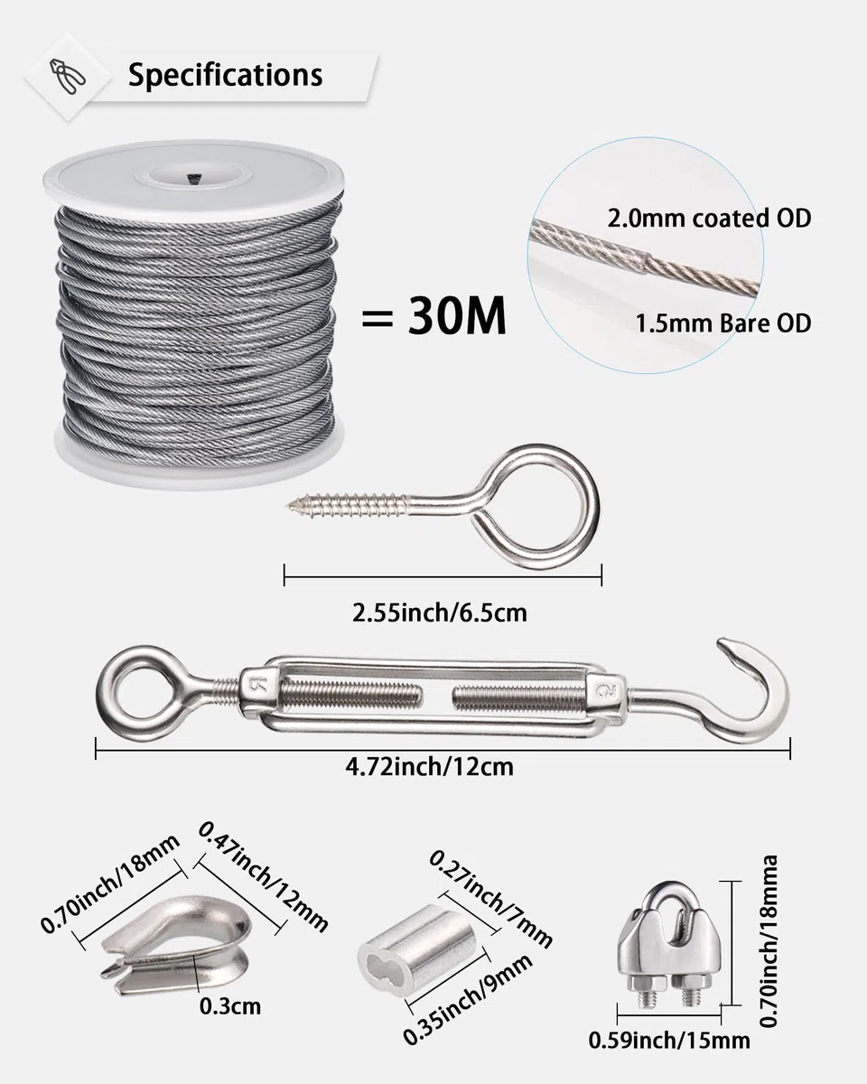 JIZZU 30m Cable de Acero Inoxidable, Kit Tensores de Alambre de 37Pcs con Tensores Alambre/Abrazadera, Tensor Cable Acero para Colgar Glicinia, Plantas Trepadoras, Tendedero Exterior, Lámpara Colgante