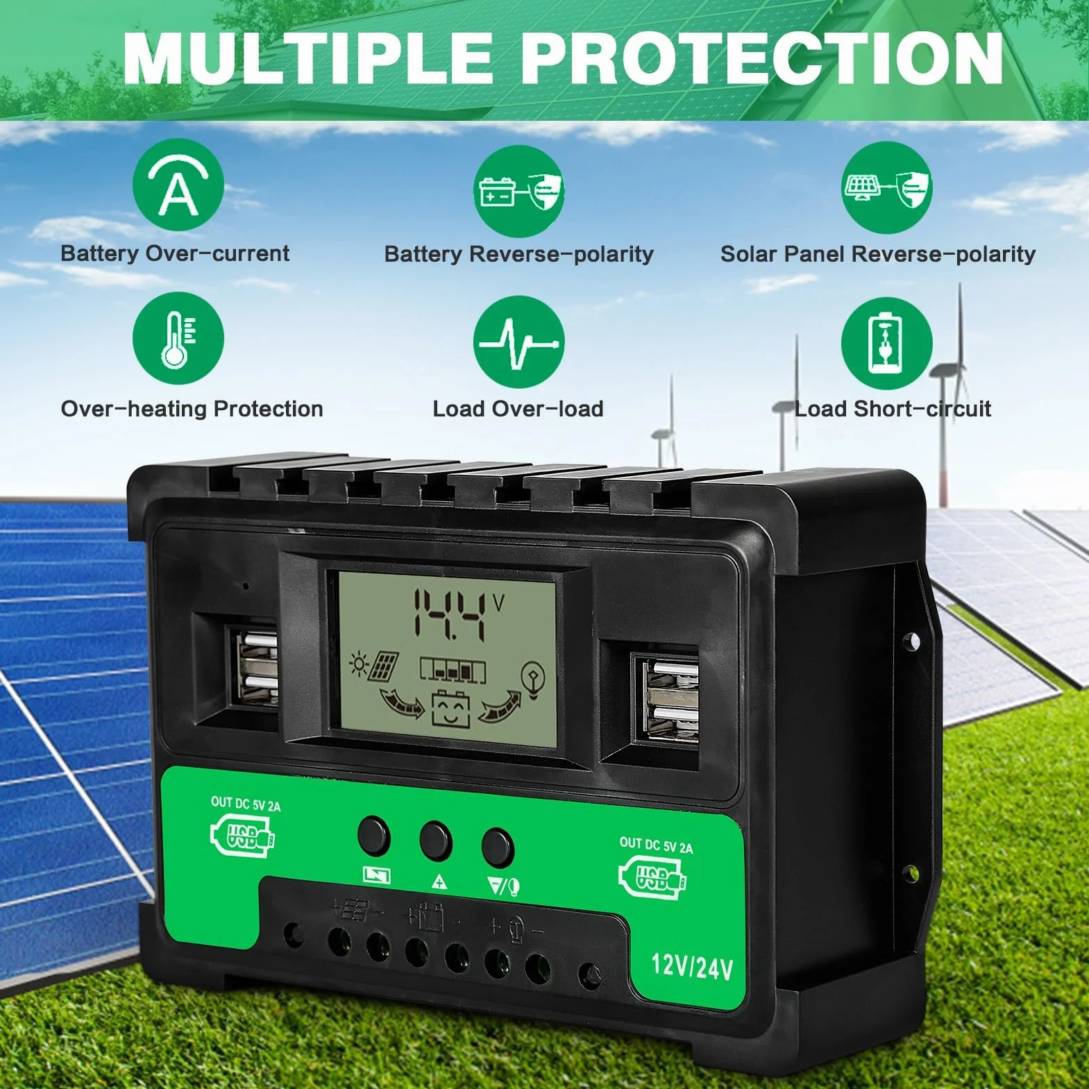 Regulador de Carga Solar 12V/24V Identificación Automática Controlador de Carga Solar MPPT 60A con 4 Puertos USB Pantalla LCD Regulador Solar Regulador de Panel Solar para Baterías de Plomo-ácido