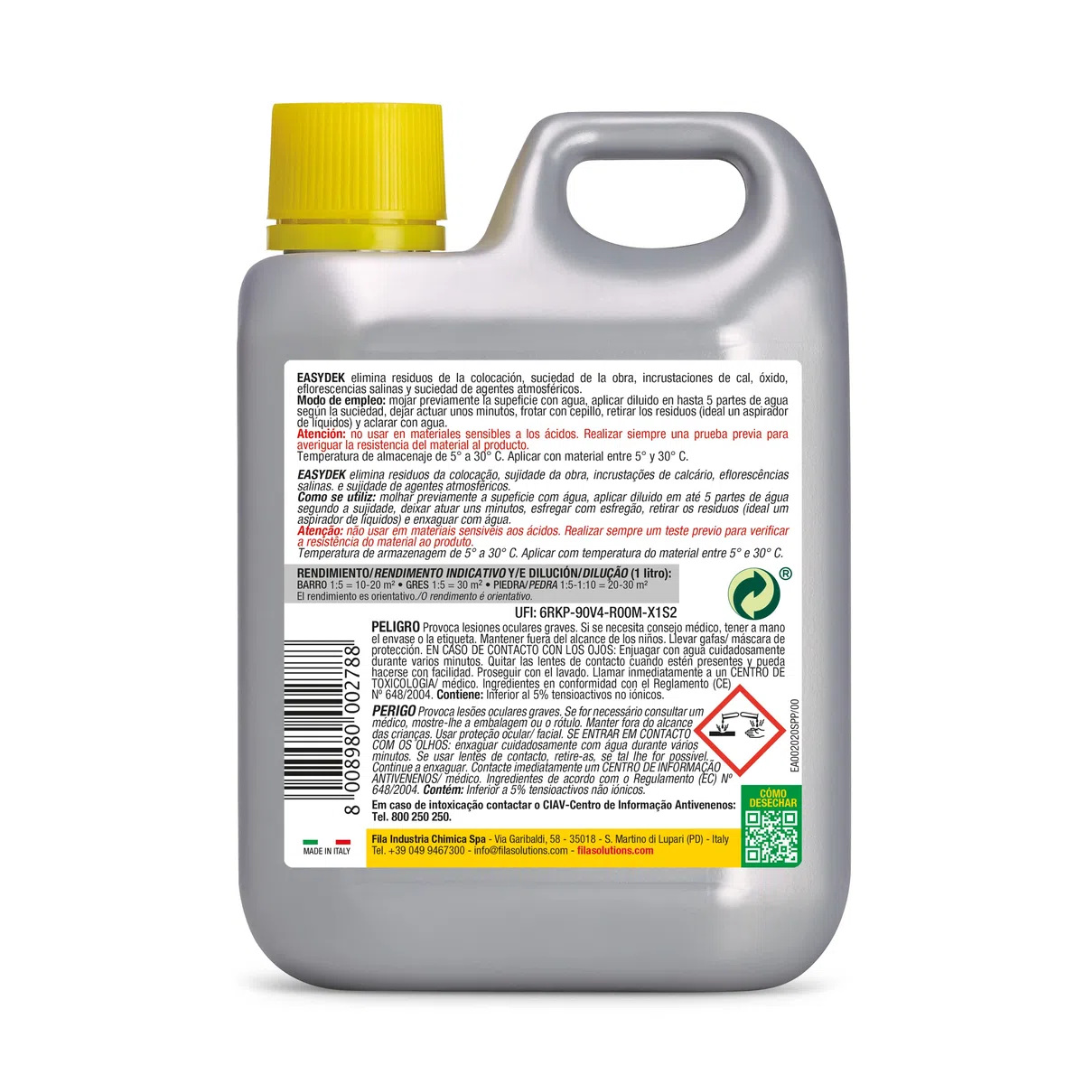 FILA Surface Care Solutions, EASYDEK ECO FORMULA, Detergente Ácido Tamponado para una Limpieza Desincrustante Efectiva, Disuelve la Cal y Elimina las Manchas de Óxido, 1L